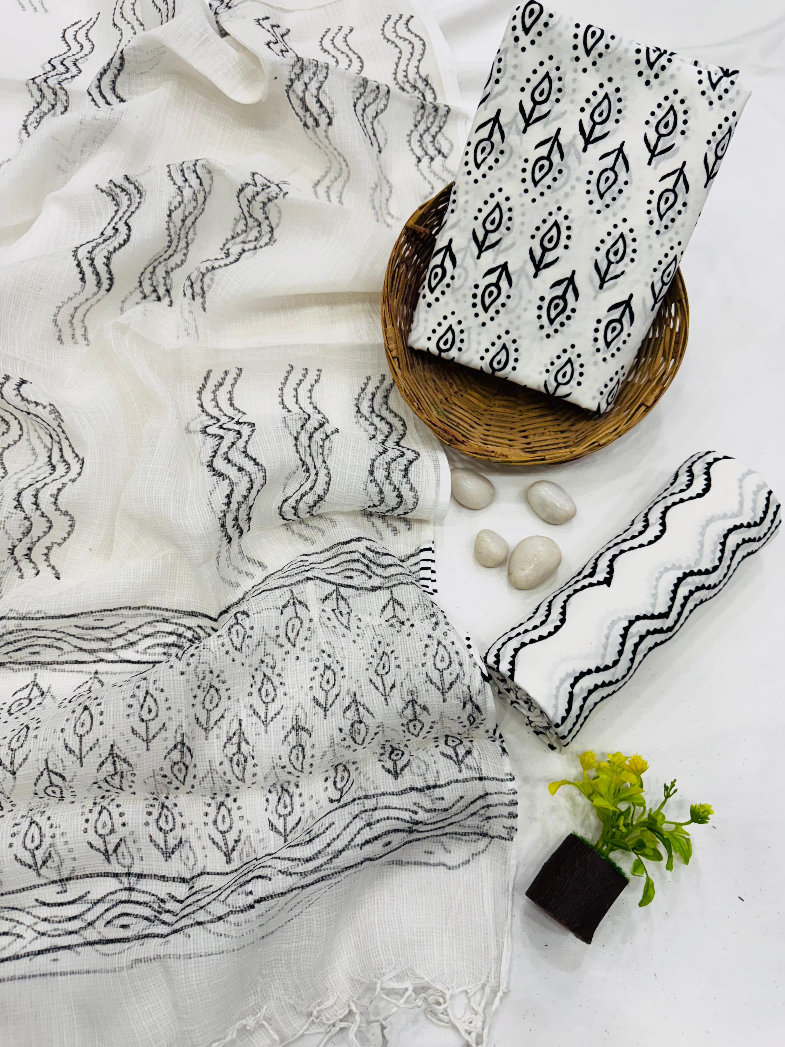 Wholesale Cotton Dress Material with White and Black Butti Kota Doria Dupatta – Artisan handblock printed fabric for designers, boutiques & bulk orders